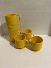Vtg. Lot 6 Melamine Bright Yellow Unbranded Cups Stackable Home Camping Coffee