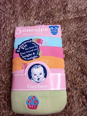 Gerber 5 Pack Onesies Brand One Piece Underwear Multicolor Embroidered 0-3M -NEW
