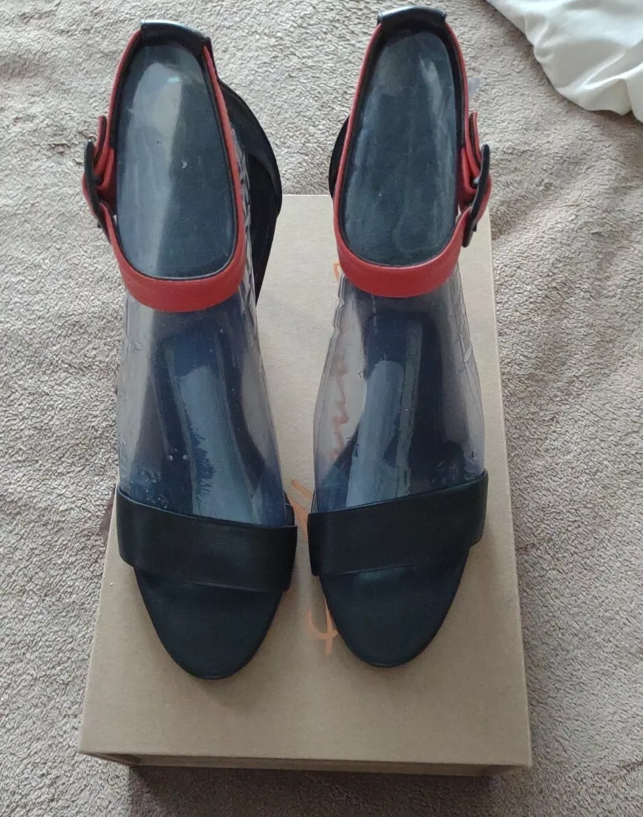 TIBI Red Black Leather Ankle Strap Block Heel Sandals Shoes 38.5