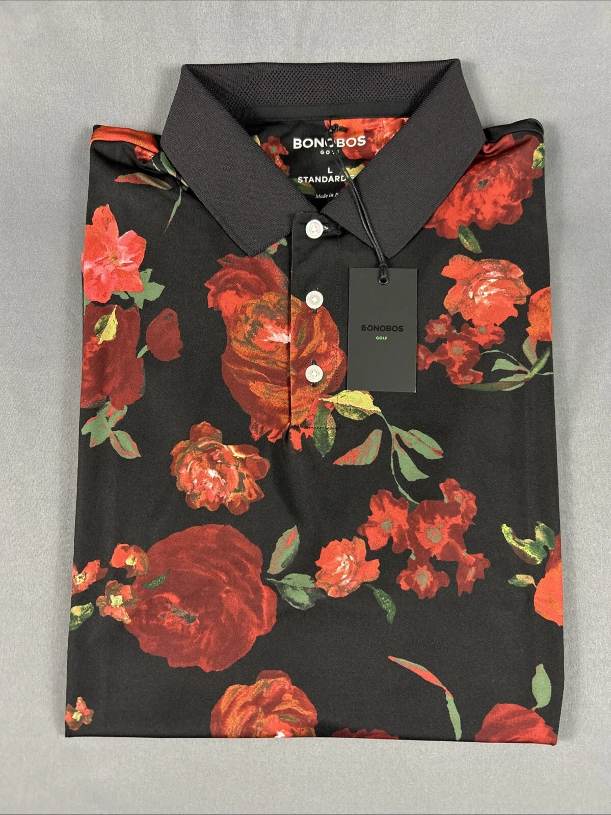 Bonobos Golf Shirt Polo Justin Rose Floral Print Large Black Polyester MSRP $89
Opens in a new windo