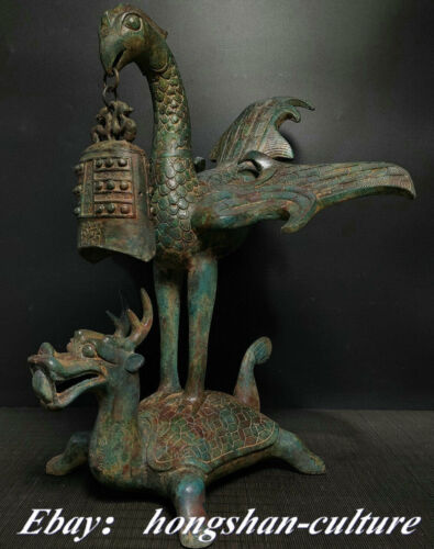 17" Old Warring States Bronze Ware Tortoise Phoenix Bird Zhong Bell Statue - Afbeelding 1 van 9