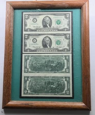 1976 ($2) TWO DOLLAR BILLS - 2 UNCUT SHEETS 2 STAR* NOTES - 4 NOTES FRAMED