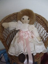VINTAGE 18" RAG/CLOTH DOLL FAUX FUR HAIR BEAUTIFUL DRESS
