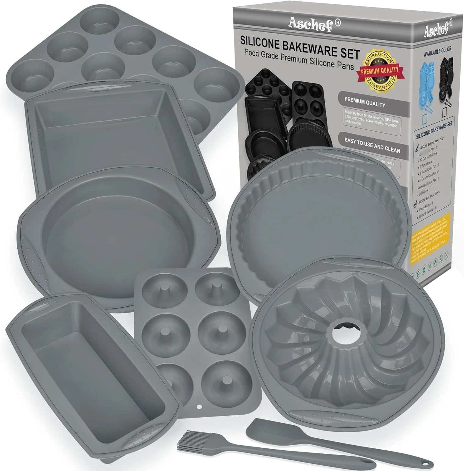 Aschef 9 in 1 Nonstick Silicone Baking Set - Ring Cake Pan, Cookie Sheet, Molds