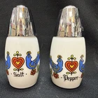 Vintage Salt & Pepper Shakers Friendship Blue Birds Folk Art Gemco Milk Glass