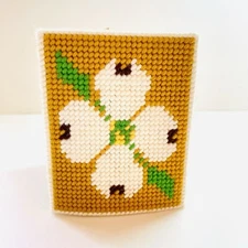 VTG Handmade Dogwood Tissue Box Holder Cover Yarn on Canvas