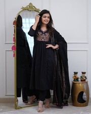 Black Cotton Anarkali Kurta Pant Dupatta Set Embroidered Natra Cut Kurti