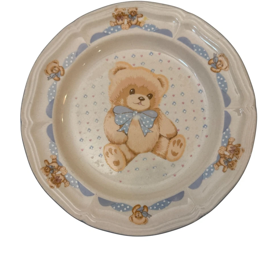 Набор тарелок Tien Shan Stoneware Teddy Bear синий бант 8 шт. 4 ужина 4 салата - Изображение 2 из 4