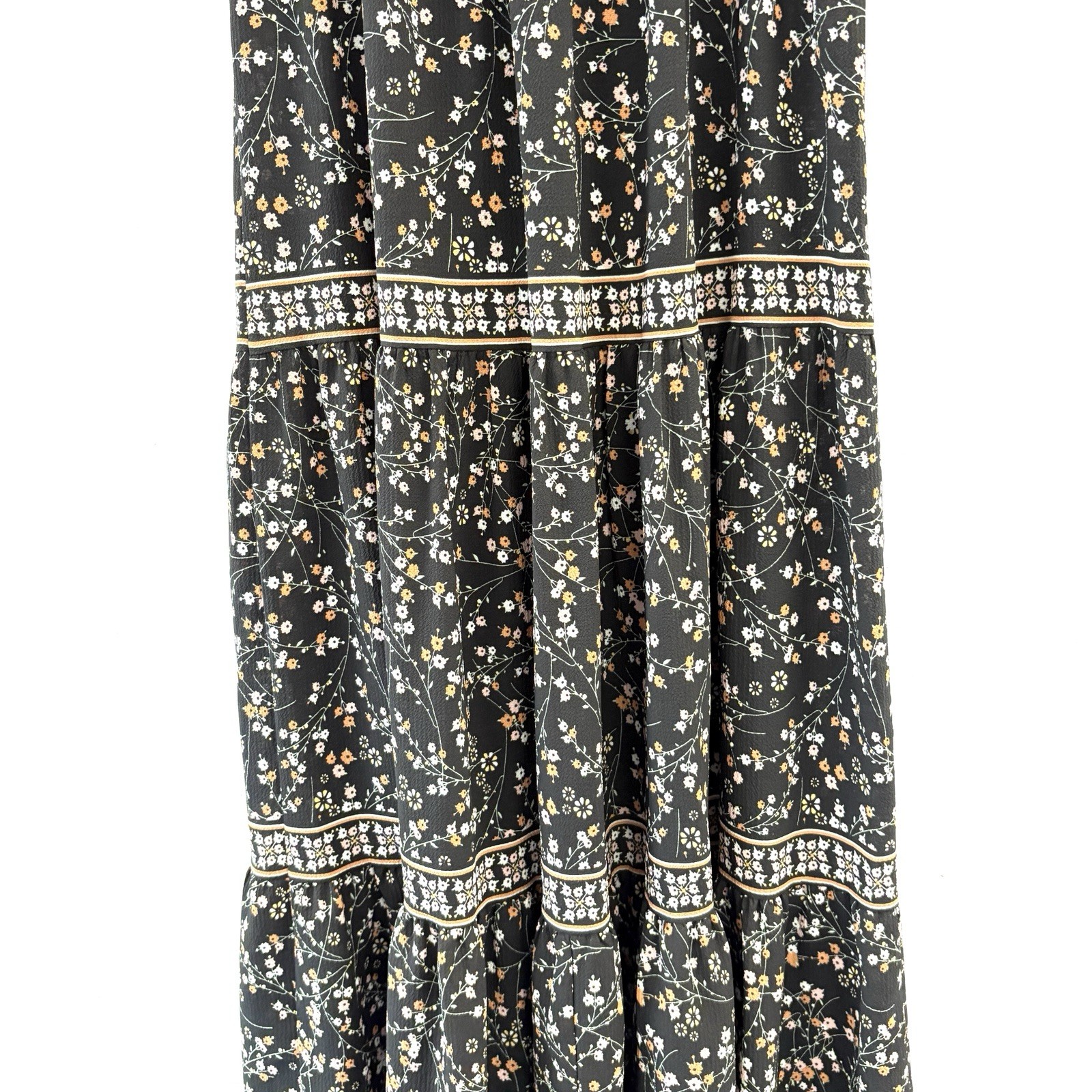 MAX STUDIO Peasant Tiered Long Dress Med Ruffle Neck Black Floral Smocked Waist