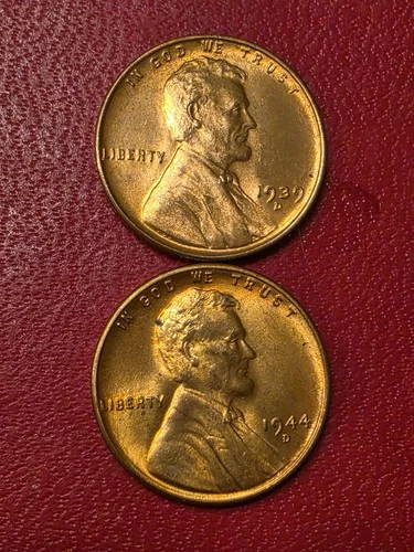 PREMIUM  BU RED : 1939-D & 1944-D  Lincoln Wheat Cent Pennies   SUPER  RED+++