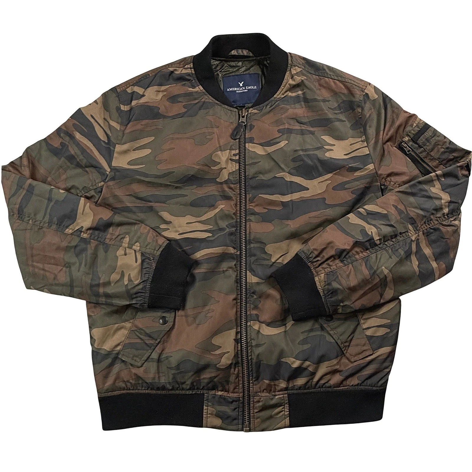 American Eagle Outfitters Mens Camo Bomber Jacket Full Zip Quilted Green Brown M