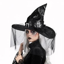 Black Witch Hat Gothic Wizard Hat Black Leather Costume with Tulle Net Fabric...