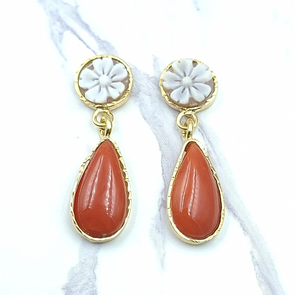 Antichi Orecchini A Goccia Cameo Corallo Sardegna Rosso Bottoni Argento 925 Oro - Immagine 2 di 4
