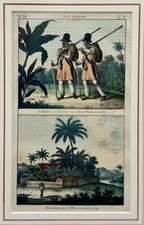 ⭕️ ANTIQUE C1825-1830 HAND COLORED DUTCH COLONIAL PRINT FRAMED TWO SOLDIERS