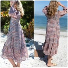 Emerson Fry India Collection Block Print Organic Cotton Dress Blue Pink Floral M