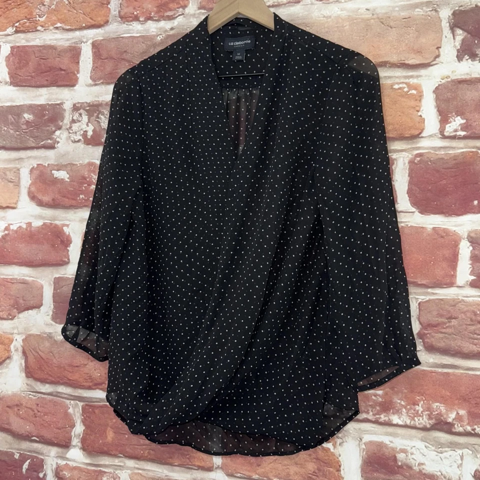 Liz Claiborne Career Top Womens Medium Black Polka Dot Surplice Sheer Shirt - Image 3 of 4