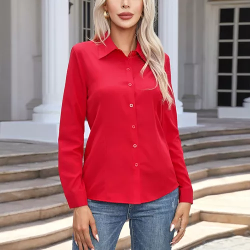 Damen Button Down Shirt Top Bluse Langarm Kragen Einfarbig Büro Arbeit Kleid - Bild 29 von 29