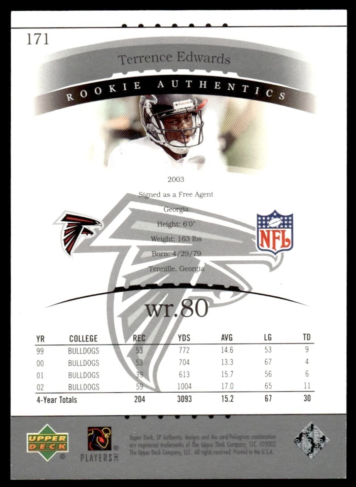 2003 SP Authentic Terrence Edwards Rookie 1000/1200 Atlanta Falcons #171A R83 - Image 2 of 2