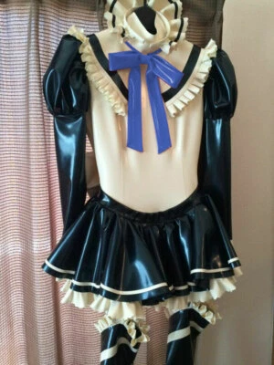 LATEX COOL 100% Latex Rubber Maid Kleid Rüschen Uniform Outfit Rock Stocking S-XXL