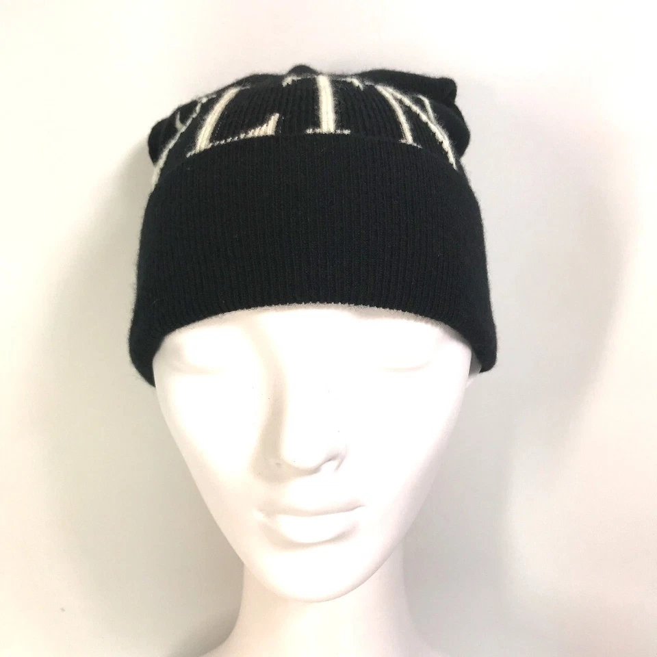 VALENTINO VLTN Logo Gorro Tejido Gorra Lana/Seda Negro/Blanco Foto 2 de 4