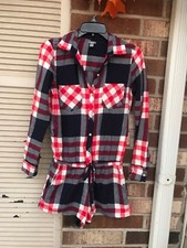 Aerie by American Eagle Girl's Flannel Romper Red Blue Size XS Pockets