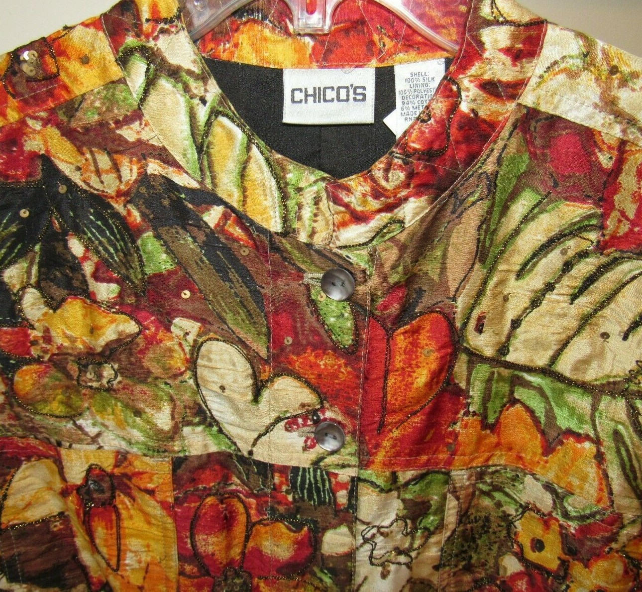 CHICO'S Embroidered Floral Print Silk Jacket, 2/L, Red, Orange, Brown.. |  eBay