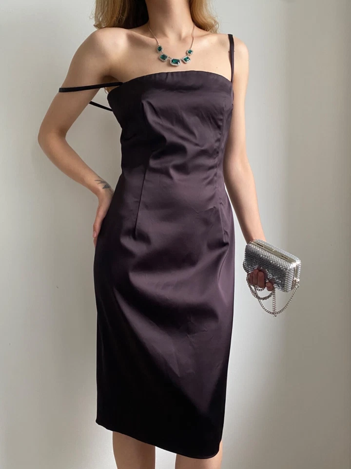 VESTIDO MIDI DOLCE & GABBANA D&G SATINADO BODYCON CUELLO CUADRADO BERENJENA TALLA GRANDE 44 Foto 3 de 4