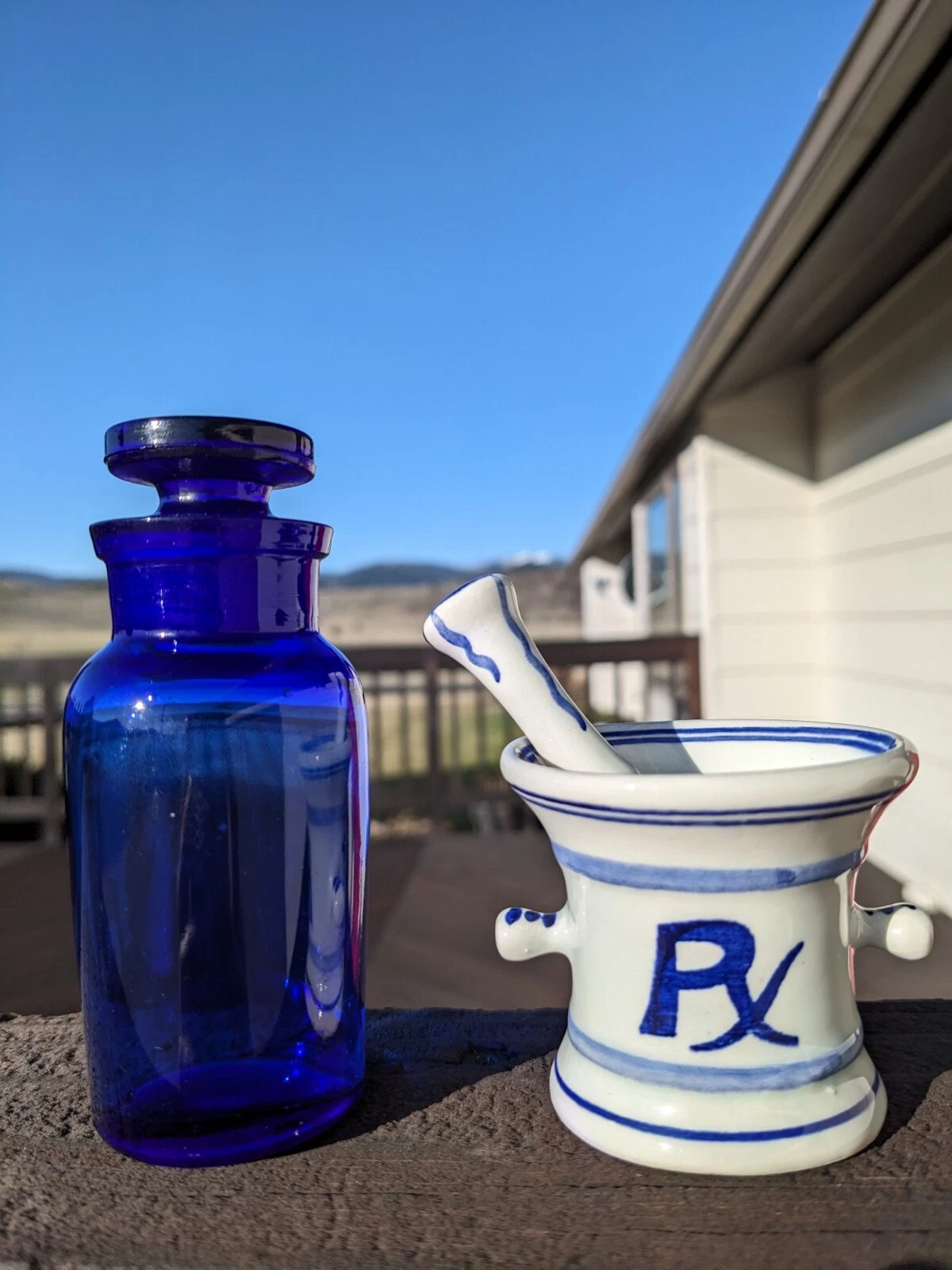 Vintage Delft Squibb Apothecary Mortar & Pestle Set - Cobalt Blue Bottle Holland
