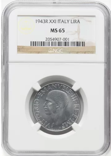ITALY KINGDOM 1943-R YR.XXI  1 LIRA GEM UNCIRCULATED COIN, NGC CERTIFIED MS65