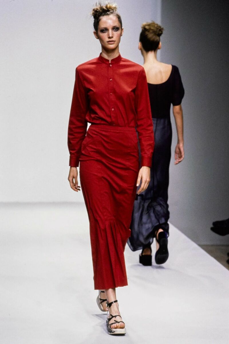 Prada Archive Spring 1997 Red Chinoiserie Mao Collar Shirt Prada Archive Spring 1997 Red Chinoiserie Mao Collar Shirt