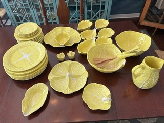 Vintage SECLA Majolica Cabbage Ware Dishes 37 Pc Yellow Set Portugal
