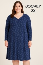 Jockey Navy Floral Knit Nightgown Long Sleeve Henley Stretch Lounge Dress 2X