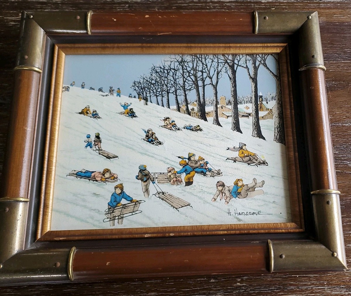 H. Hargrove Oil Painting Sledding Hill Signed Original 1984 