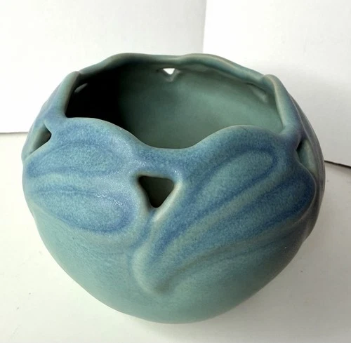 Van Briggle Art Pottery Vase Leaf Design Reticulated Green Glaze 4"T Vintage