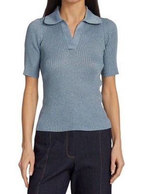 Baum Und Pferdgarten ciaba $199 metallic rib knit polo top in Dusty Blue size S