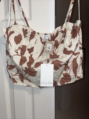 Emory Park Women's Top White Brown Size Large Floral Print NWT