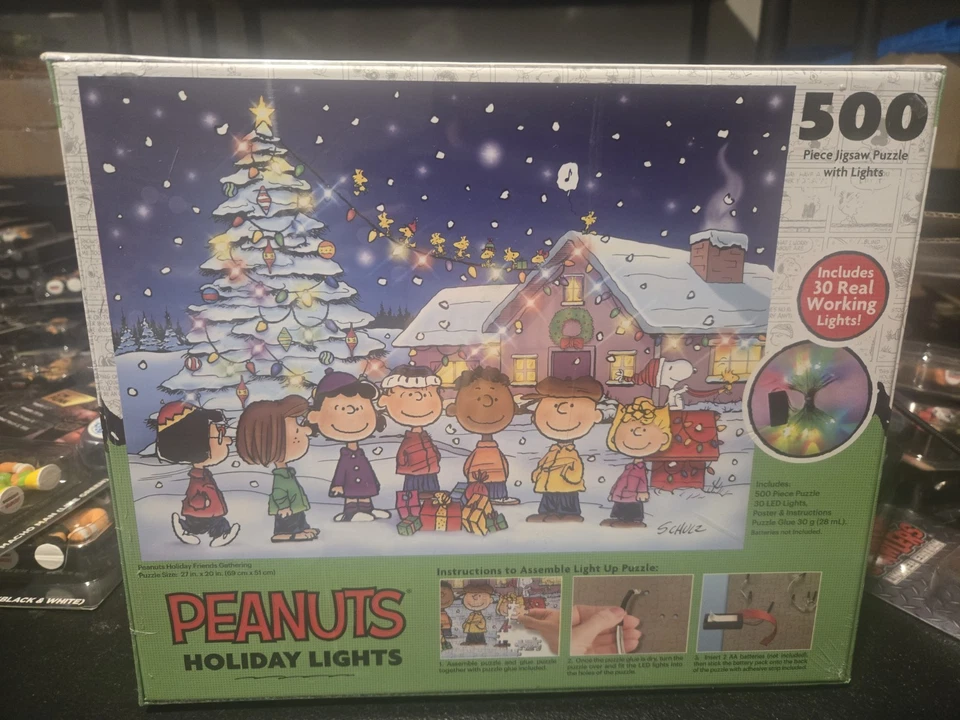 RoseArt PEANUTS Holiday Lights CHRISTMAS Charlie Brown LIGHT PUZZLE 500pc New - Image 2 of 4