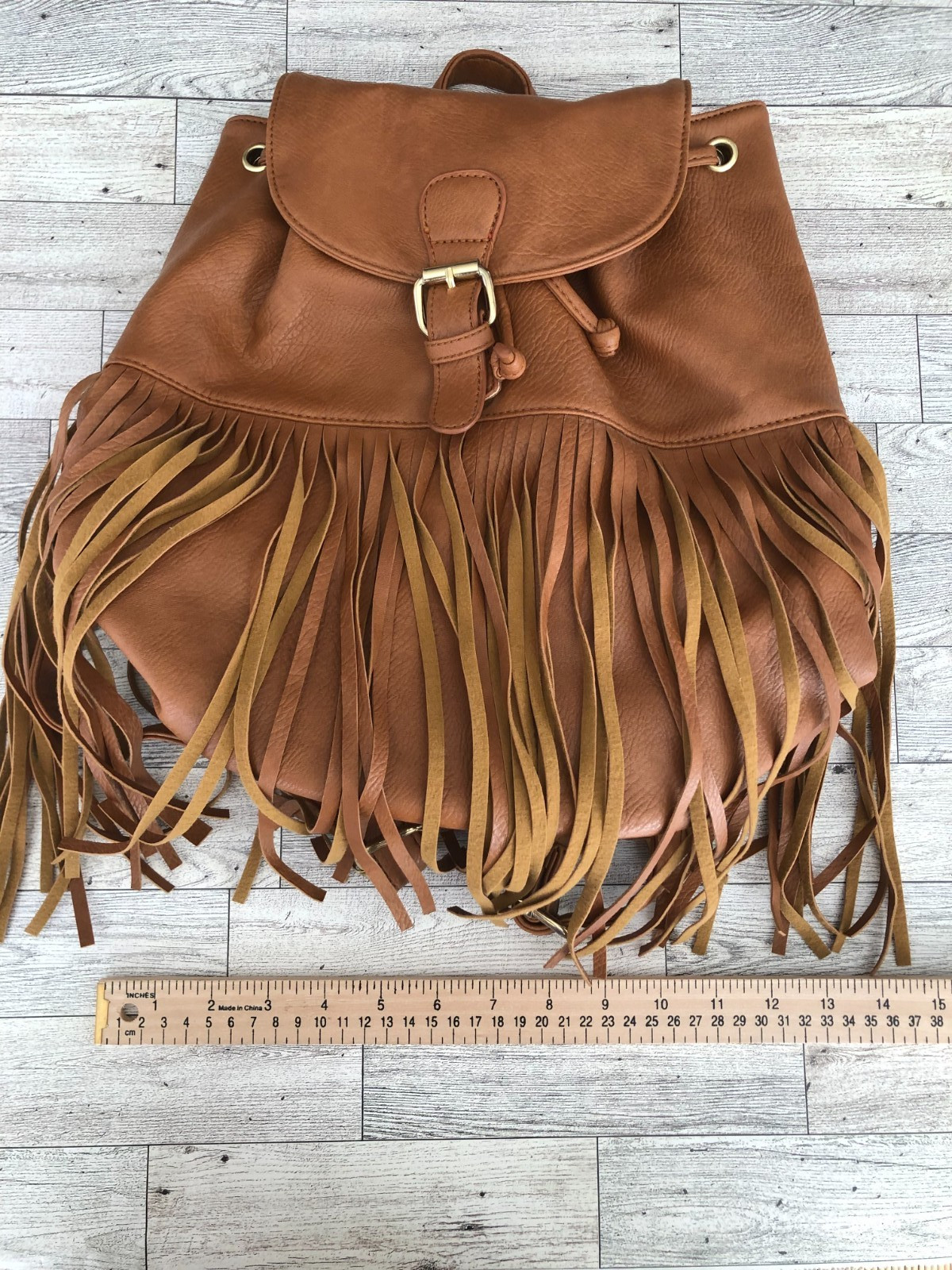 Faux Leather Brown Drawstring Backpack Handbag Fr… - image 2