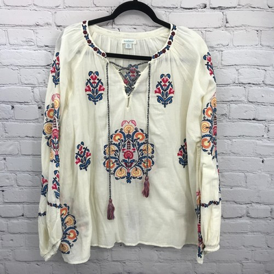 #ad #ad Sundance Top Womens 2XL White Embroidered Floral Long Sleeve V Neck Blouse $40.49