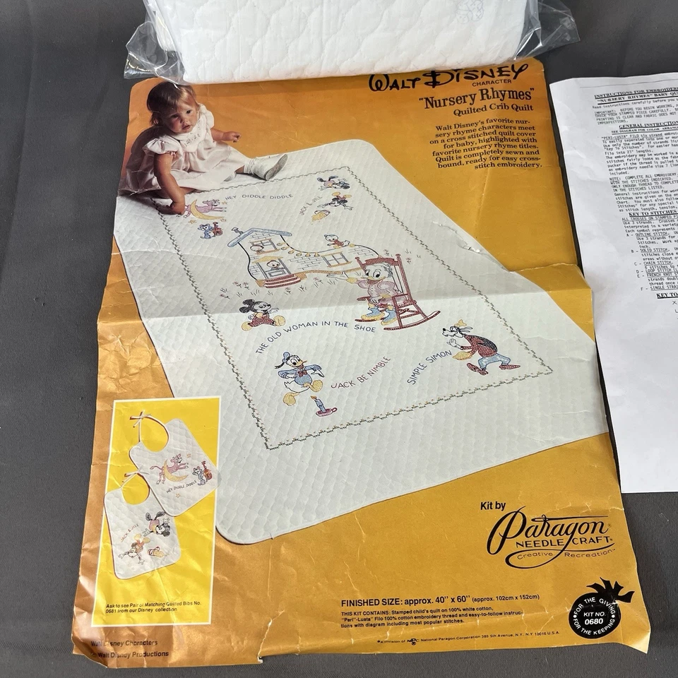 70 VTG Walt Disney Nursery Rhymes Prequilted Crib Quilt Cross Stitch Kit Paragon - Image 2 of 4