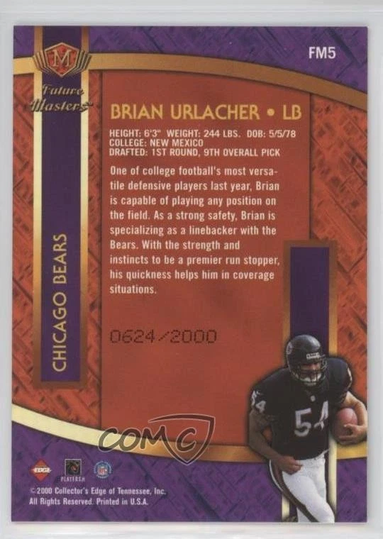 2000 Collector's Edge Masters Future Gold /2000 Brian Urlacher Rookie RC HOF - Image 2 of 2