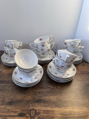 Noritake Rosette Japan Floral Pink & Platinum Tea Cup & Saucer Plate Set of 4