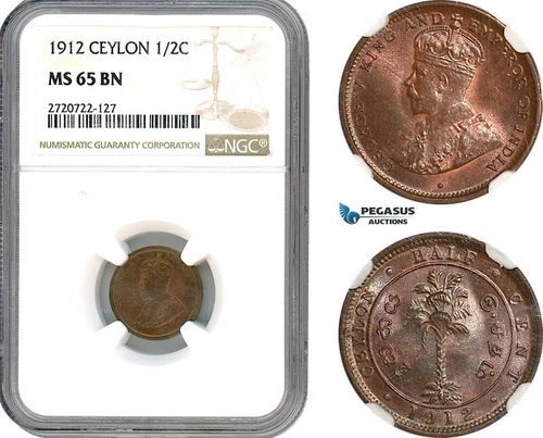 AJ687, Ceylon, George V, 1/2 Cent 1912, Heaton Mint, NGC MS65BN, Pop 1/0