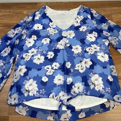 Daily Thread Layered V-Neck Floral Blouse Shirt Top Blue Size 1X NEW