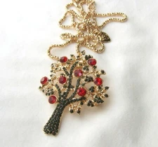 Betsey Johnson Red Crystal Apple Green Leaves Mini Tree of Life Gold Necklace