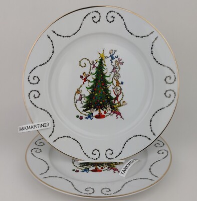 Set of 2 Dr Seuss How The Grinch Stole Christmas Tree Who Dinner Plates White
