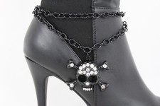 Women Black Chain Boot Strap Bracelet Skeleton Skull Western Shoe Charm Bling