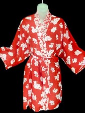 NATORI II SILKY RED/WHITE/PINK FLORAL WRAP KIMONO ROBE SZ MEDIUM EUC