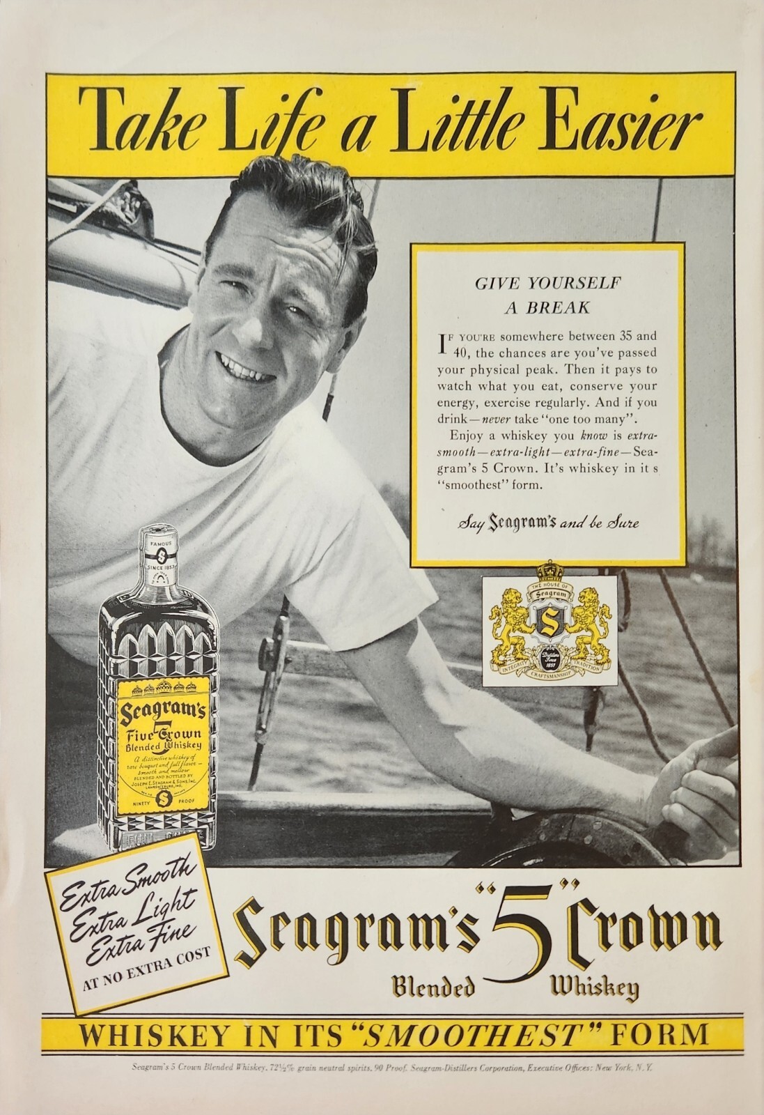 1940 Seagrams 5 Crown Blended whiskey Vintage Ad Take life a little