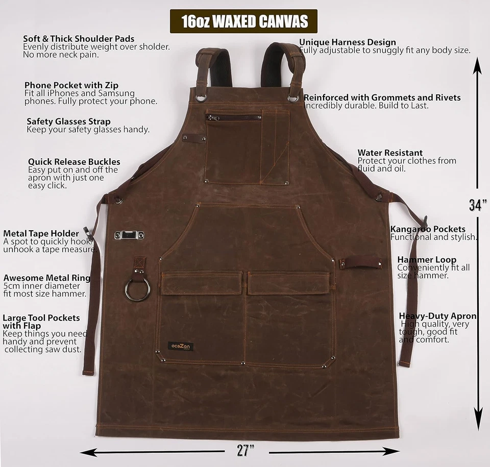 16Oz Waxed Canvas Work Apron with Tape Holder - Fully Adjustable, Tough Protecti - Image 2 of 4